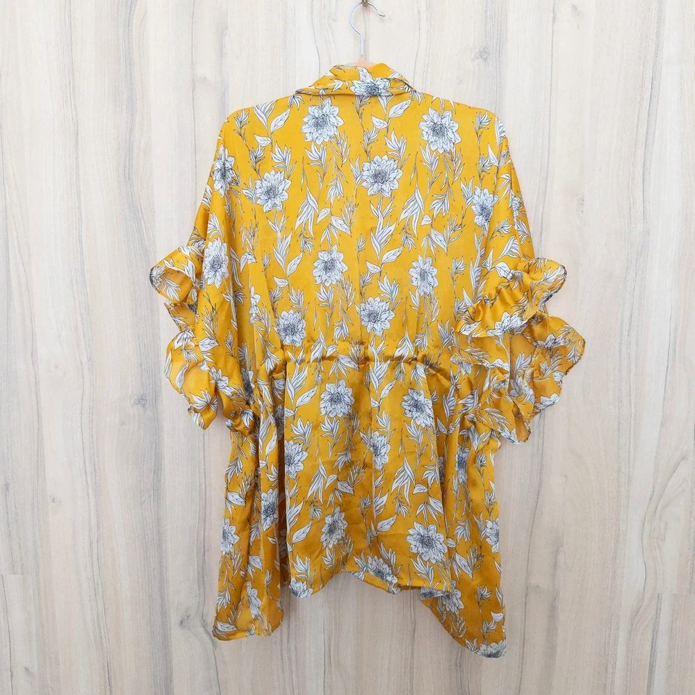 Womens‎ Floral Kimono Coverup One Size Yellow Ruffle Tie Waist Boho Romantic